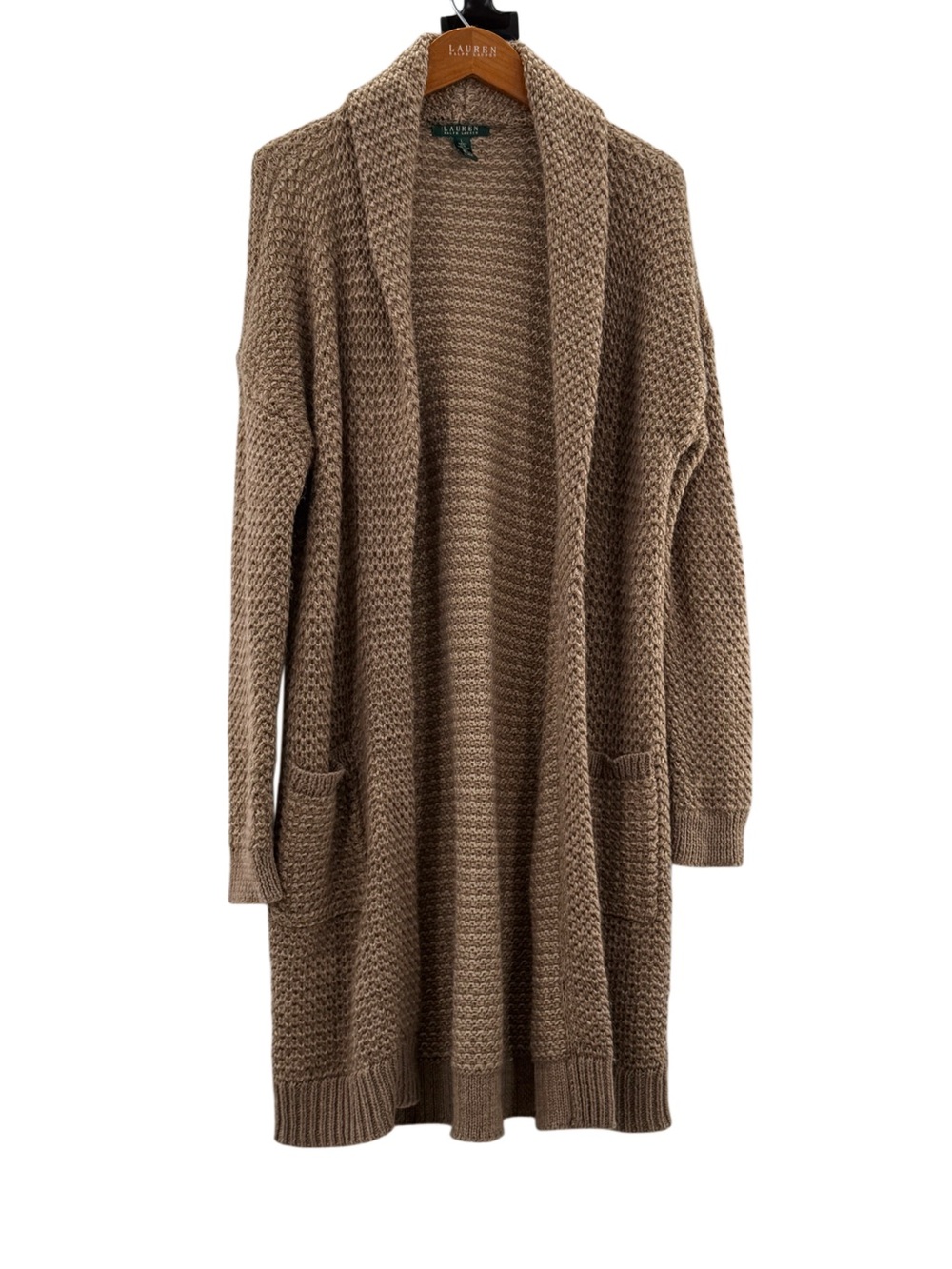 Lauren Ralph Lauren Wool Blend Long Cardigan L Taupe Chunky Knit Open Front